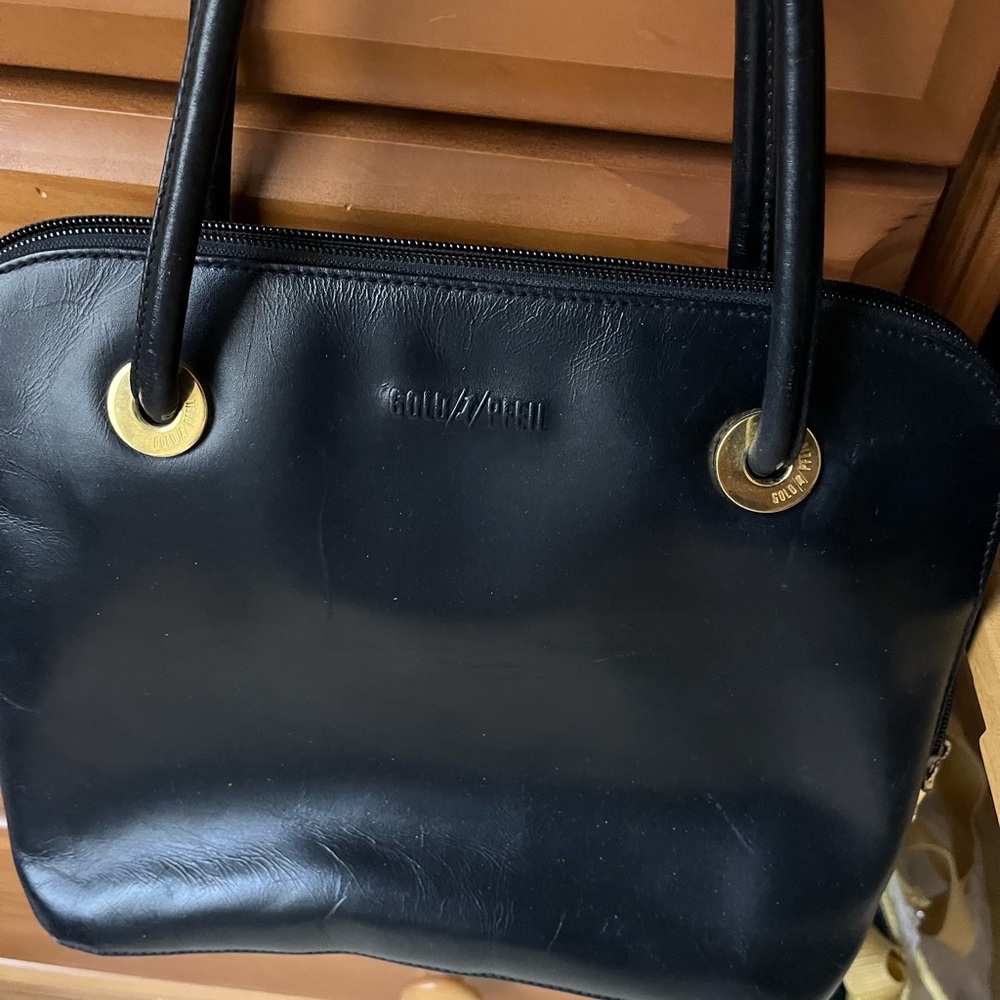 Gold // Pheil  - Germany Black Leather Hand Bag with Gold Accents - Vintage
